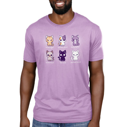 A man wearing a lavender TeeTurtle T-shirt with Cat Names on it.