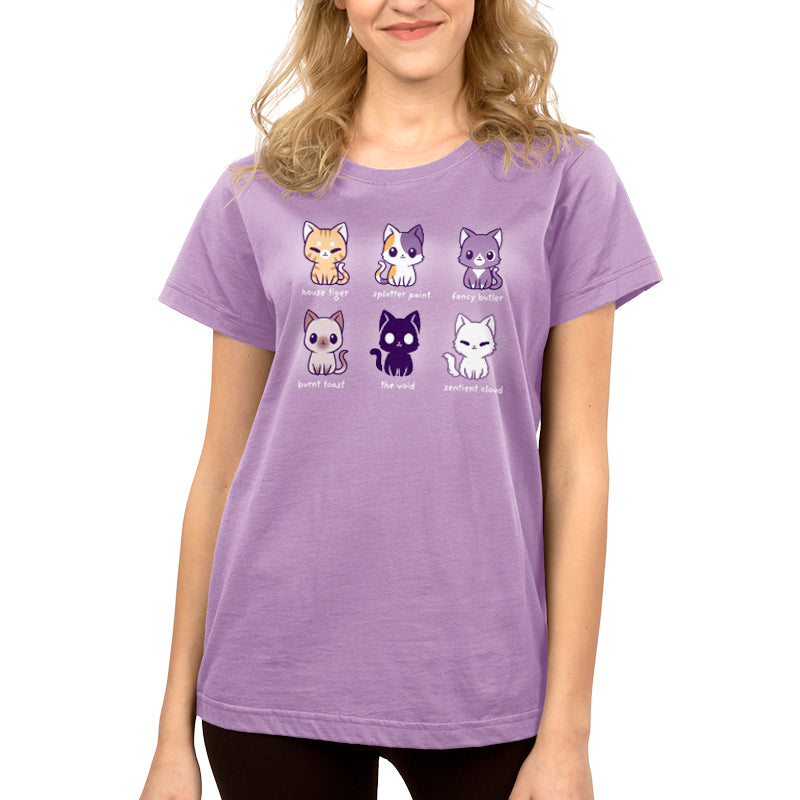 A lavender Cat Names t-shirt with cats on it made of ringspun cotton, by TeeTurtle.