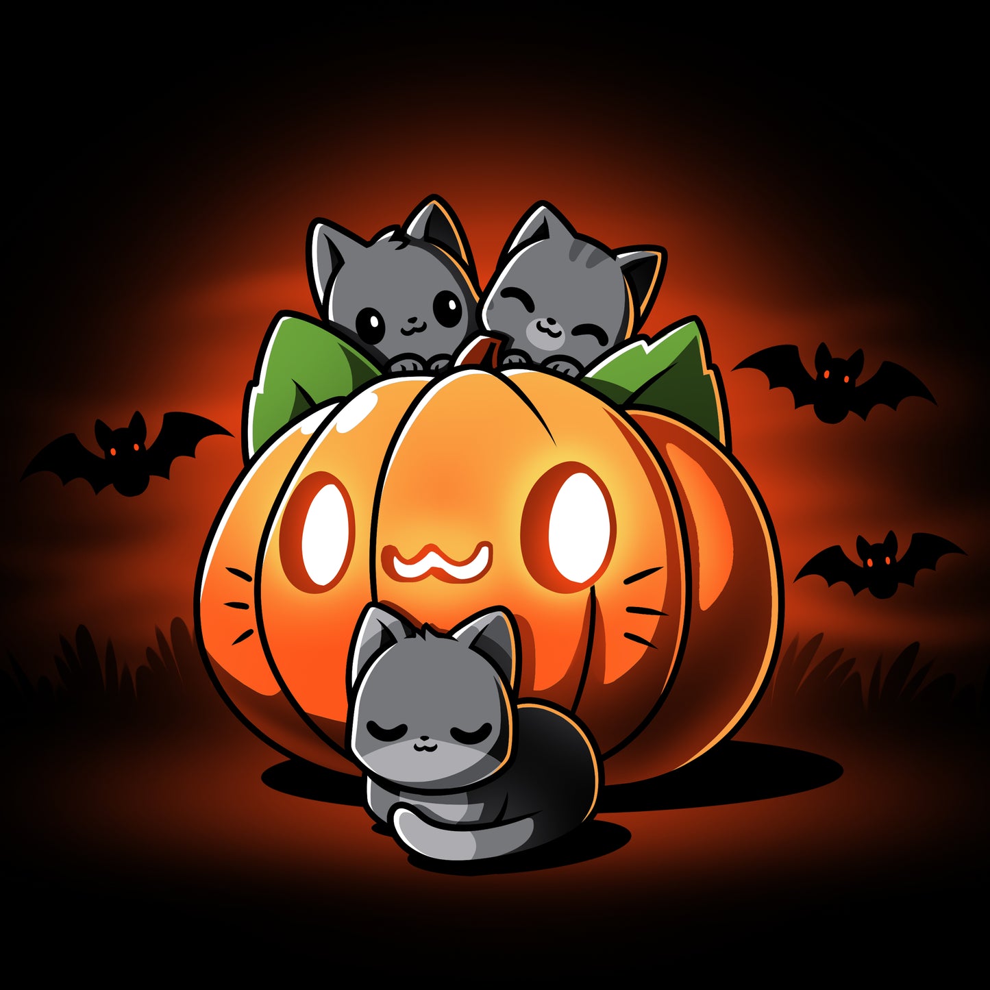 A Cat O'Lantern sitting on top of a pumpkin, perfect for Halloween t-shirts from TeeTurtle.