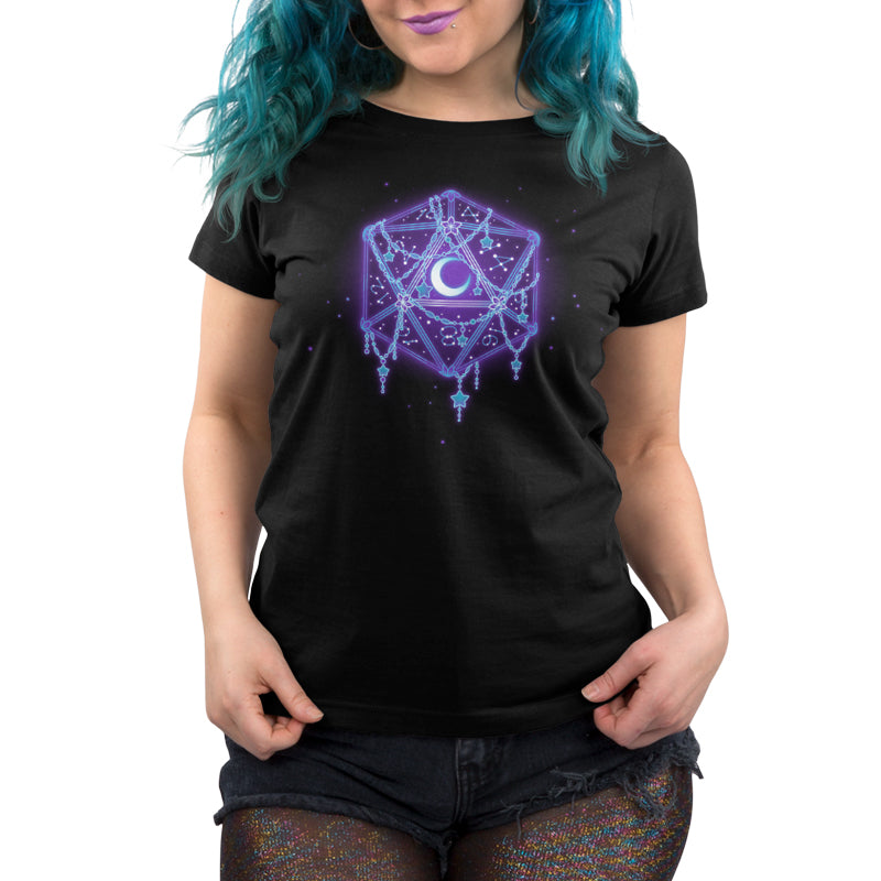A woman wearing a black t-shirt with an image of a Celestial D20 from TeeTurtle for comfort and style.