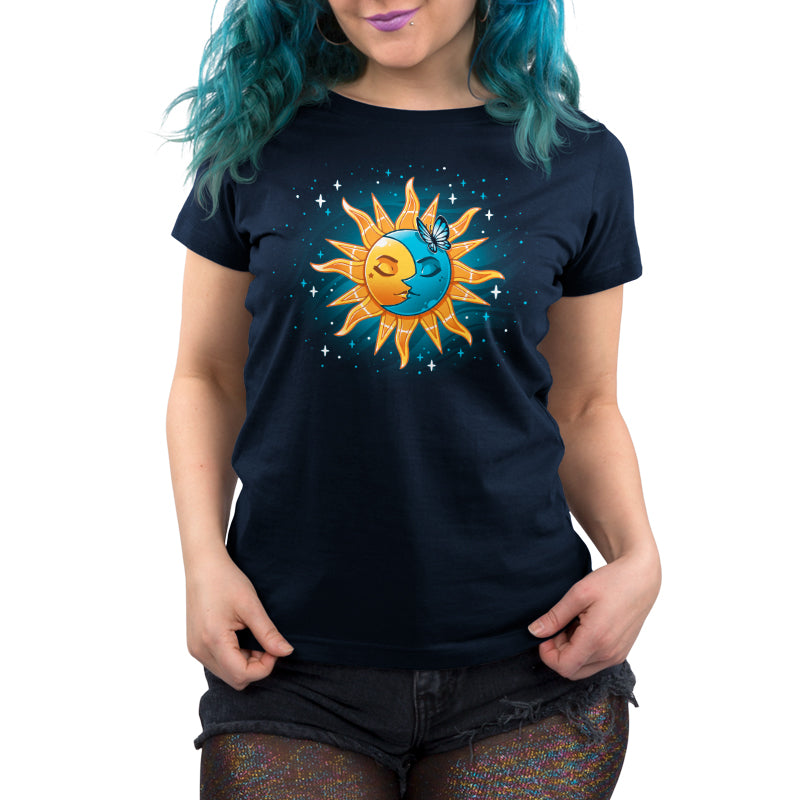 Celestial Duo Navy Blue sun and moon T-shirt for women made of Ringspun Cotton by TeeTurtle.