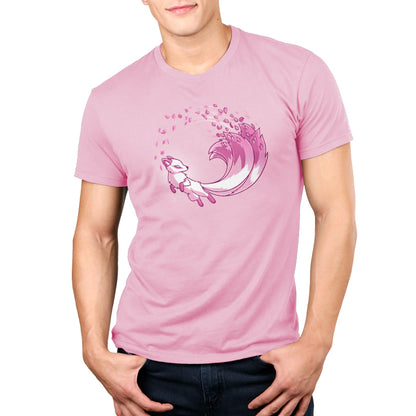 A man wearing a Cherry Blossom Kitsune t-shirt in springtime. (Brand: TeeTurtle)