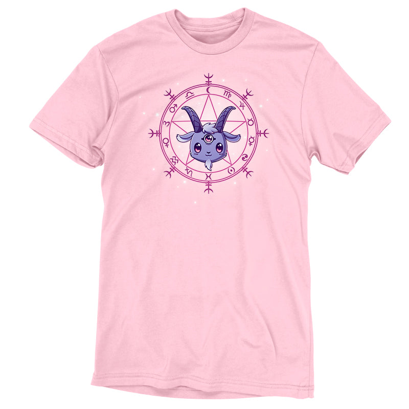 A cute pink Chibi Baphomet t-shirt from TeeTurtle with an image of a goat.
