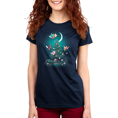 A navy blue women's Christmas Fairies t-shirt with a Christmas tree and birds on it, by TeeTurtle.