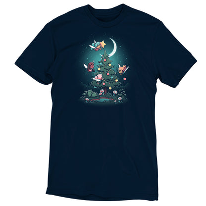 A navy blue Christmas Fairies t-shirt with a Christmas tree and birds on it by TeeTurtle.