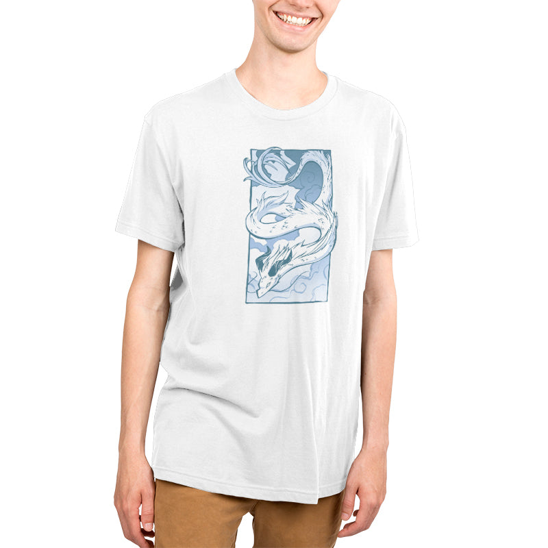 A young man wearing a white Cloud Dragon cotton T-shirt by TeeTurtle.