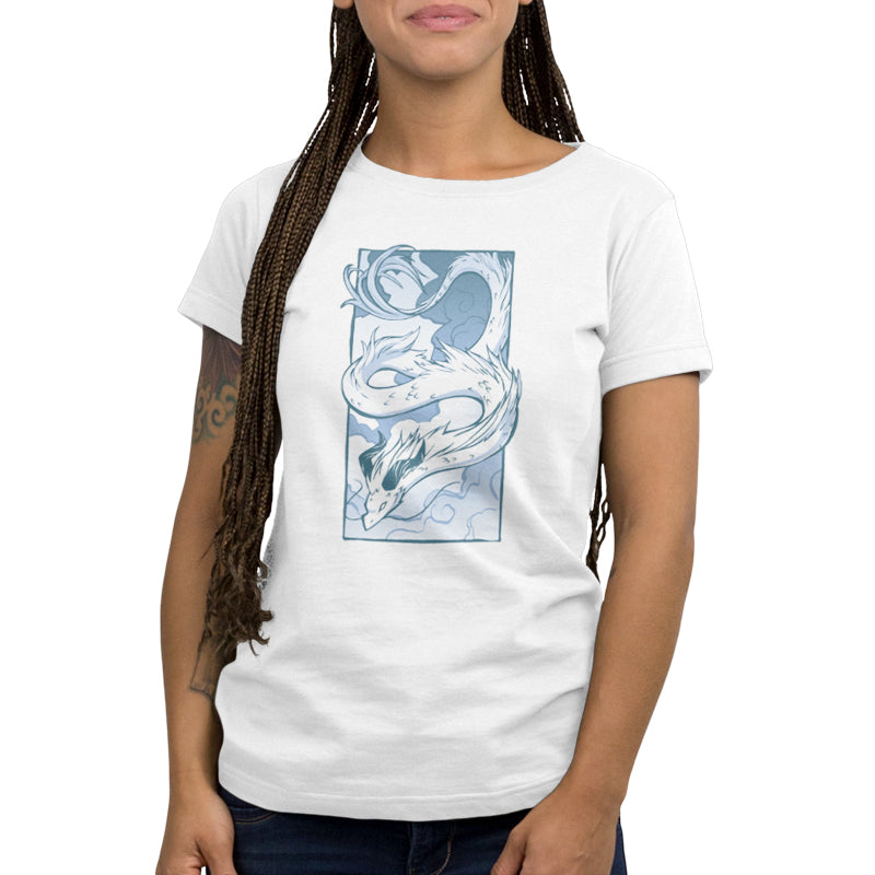 A woman wearing a white cotton T-shirt with a blue Cloud Dragon on it by TeeTurtle.