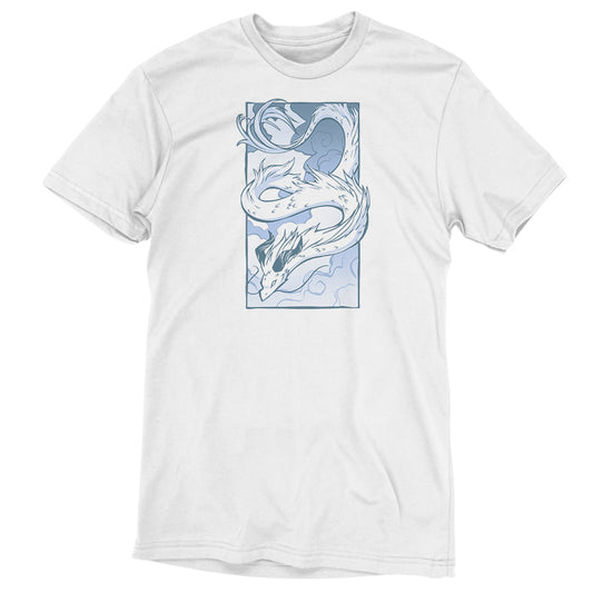 A white cotton Cloud Dragon T-shirt with a blue guardian dragon on it by TeeTurtle.