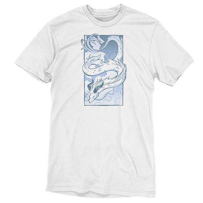 Premium Cotton T-shirt_TeeTurtle Cloud Dragon white t-shirt featuring a long, serpentine dragon with horns, coiled in the air against a cloudy sky background, drawn in monochromatic blue tones. 
