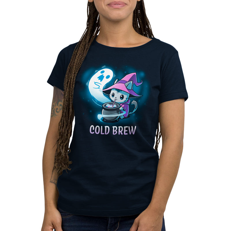 A woman wearing a TeeTurtle navy blue Cold Brew t-shirt.