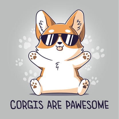 A Corgis are Pawesome corgi t-shirt featuring a corgi wearing sunglasses with the words "corgis are awesome" by TeeTurtle.