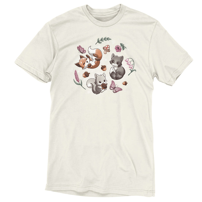 A Cottage Critters t-shirt with furry forest friends and flowers on it, made by TeeTurtle.