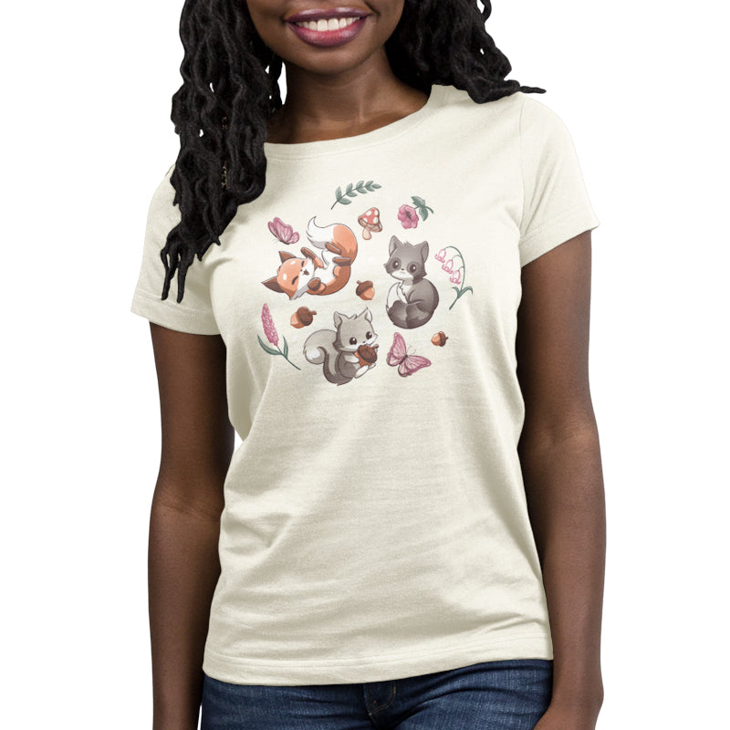 A Cottage Critters women's t-shirt adorned with furry forest friends and flowers by TeeTurtle.