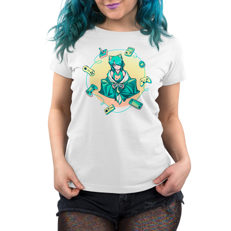 A cozy Gamer Girl white women's t-shirt with an image of a woman with blue hair by TeeTurtle.