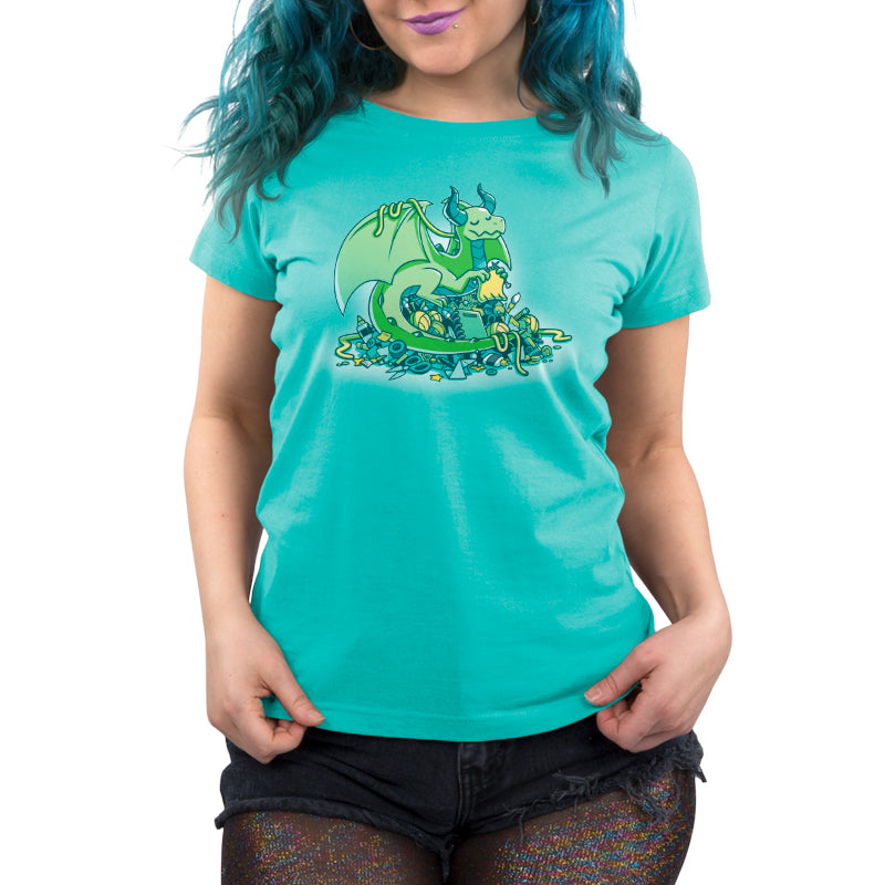 A woman wearing a turquoise t-shirt with a dragon on it selects TeeTurtle craft supplies, as she is a Craft Hoarder.