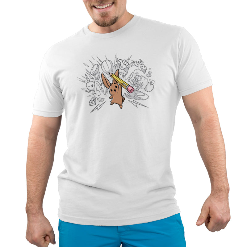 A man wearing a comfortable TeeTurtle Creative Doodlebunny tee, expressing himself through the cartoon drawing on it.