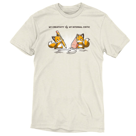 A white Creativity vs Critic t-shirt featuring two foxes engaged in an eternal creative battle by TeeTurtle.