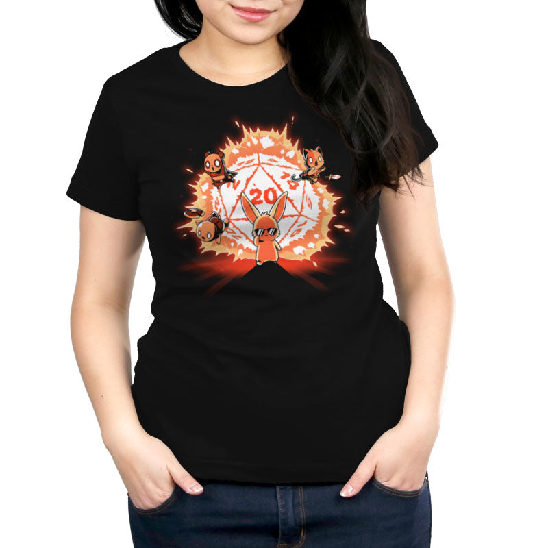 A comfortable women's black t-shirt with a dragon on fire image called "Critical Hit" by TeeTurtle.