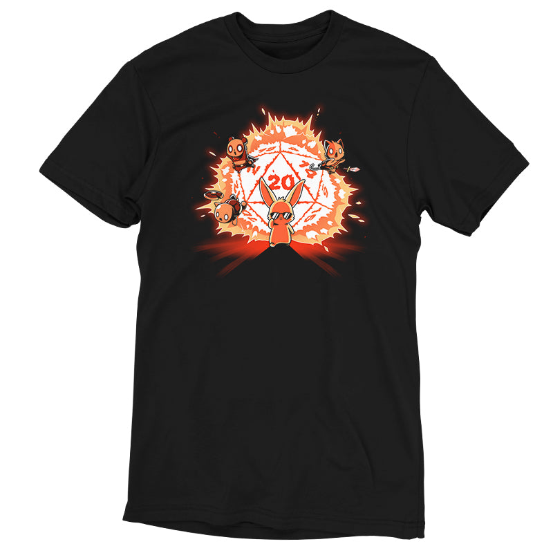 A Critical Hit black T-shirt featuring a fiery image on the front by TeeTurtle.