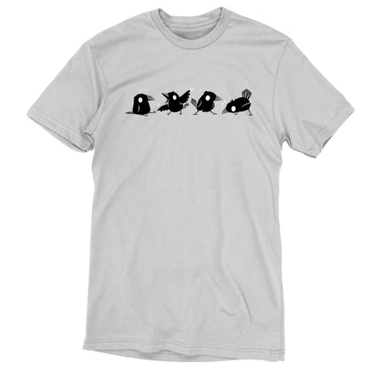 A white Crow Chatter T-shirt with silhouettes of a dog and a cat by TeeTurtle.