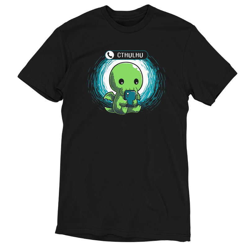 A black t-shirt with an image of a green octopus resembling Cthulhu called Cthulhu Calling by TeeTurtle.