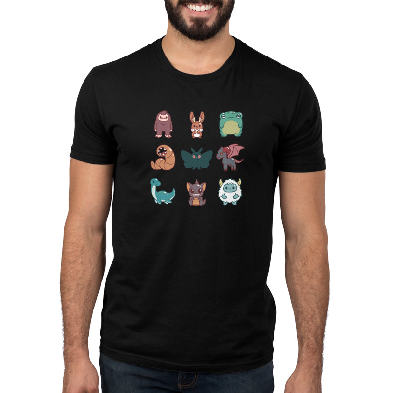 A man wearing a black t-shirt with Cute Cryptids by TeeTurtle on it.