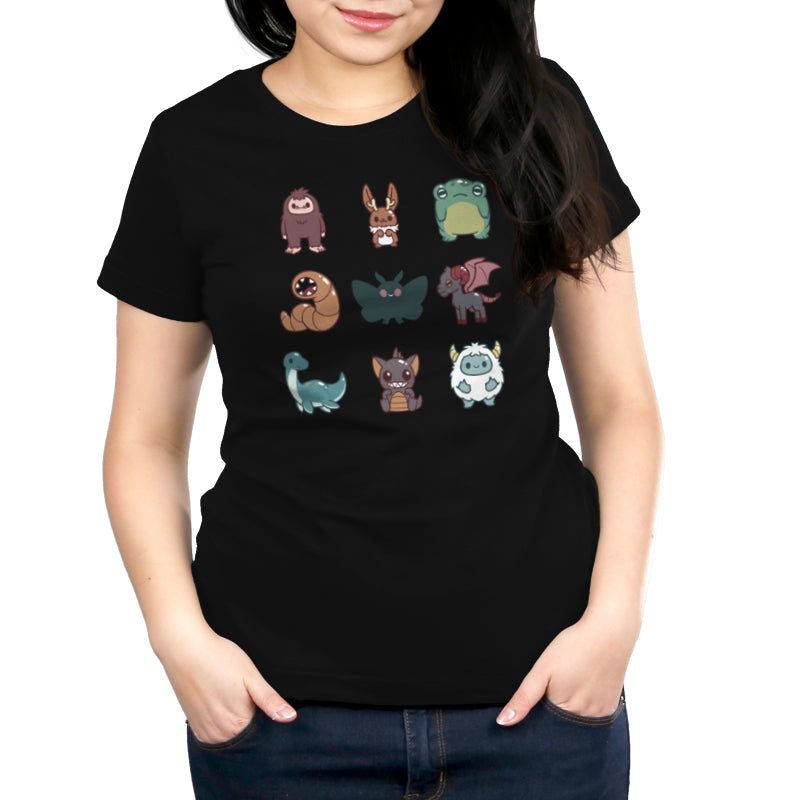 A TeeTurtle Cute Cryptids black t-shirt featuring cute cartoon characters.
