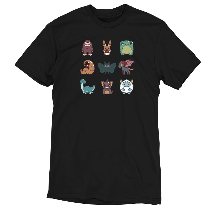 A black t-shirt with TeeTurtle's Cute Cryptids on it.