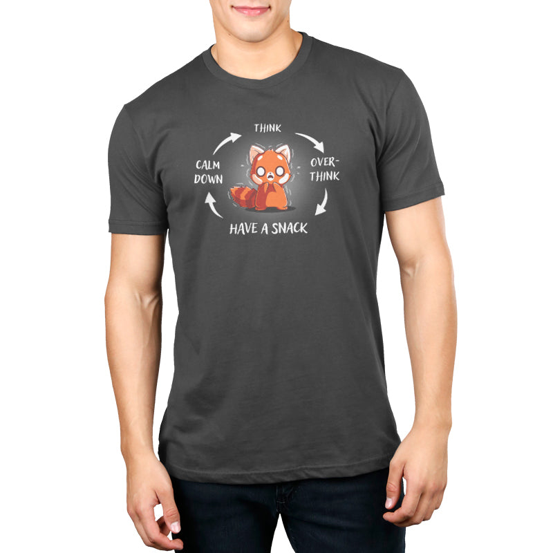 A man wearing a grey t-shirt with the words "keep calm" promotes the TeeTurtle Cycle of Anxiety.