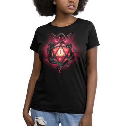A women's black D20 Cthulhu t-shirt with an image of a Lovecraftian octopus by TeeTurtle.
