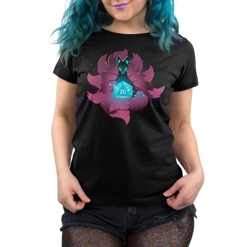 A woman wearing a black "D20 Kitsune" t-shirt by TeeTurtle embraces rolling opportunities