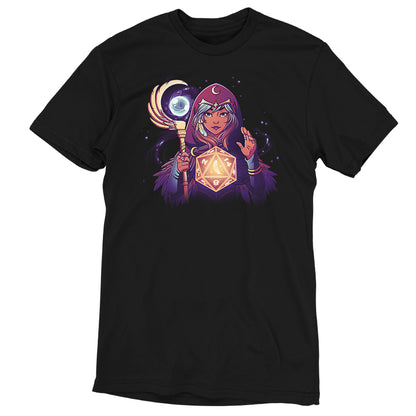 A TeeTurtle D20 Mage black t-shirt featuring an enchanting image of a woman wielding a wand.