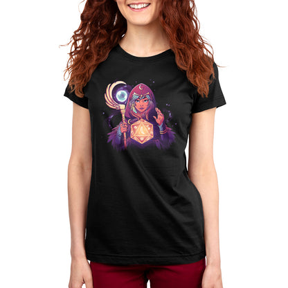 This women's black D20 Mage T-shirt, from the brand TeeTurtle, features the image of a woman holding a crystal. Made from Ringspun Cotton, this T-shirt is perfect for any mage enchantress.