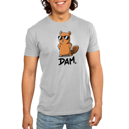 A man sporting a cool TeeTurtle T-shirt displaying the word "Dam" in bold font.