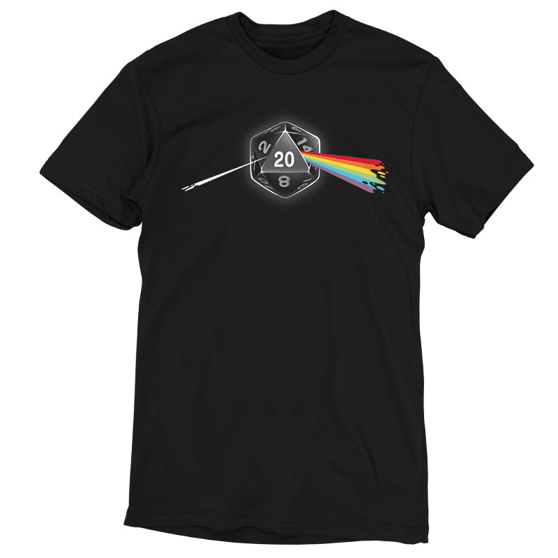 A Dark Side of the D20 t-shirt by TeeTurtle, with a dark side of the moon and a rainbow print, perfect for a gig in the sky.