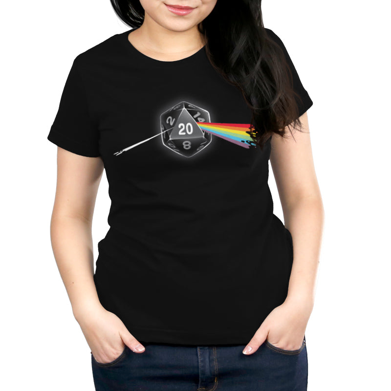 Get your groove on with the "Dark Side of the D20" women's t-shirt by TeeTurtle featuring a mesmerizing roll design inspired by the dark side of the moon.