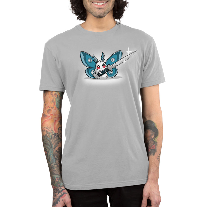A man wearing a gray Deadly Moth t-shirt by TeeTurtle with dangerous bugs on it.