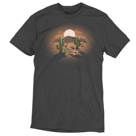 A grey Desert at Dusk T-shirt by TeeTurtle with a picture of cactus, mountains, and a desert sunset.