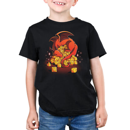 A boy wearing a black Dice Hoarder t-shirt with a dragon on it by TeeTurtle.