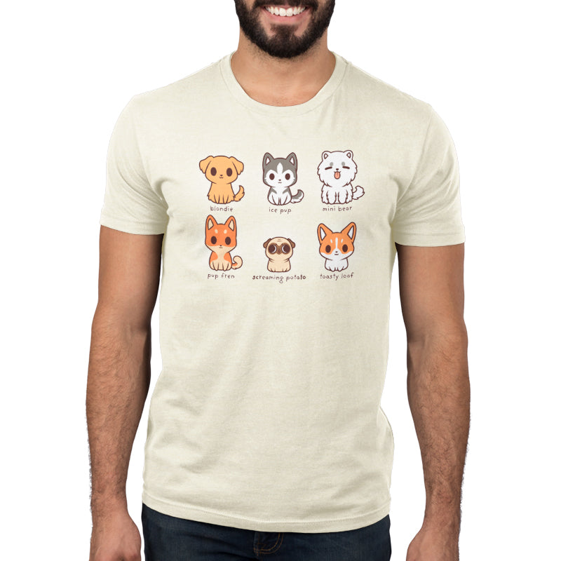 A man wearing a comfortable Dog Names t-shirt by TeeTurtle with cats and dogs on it.