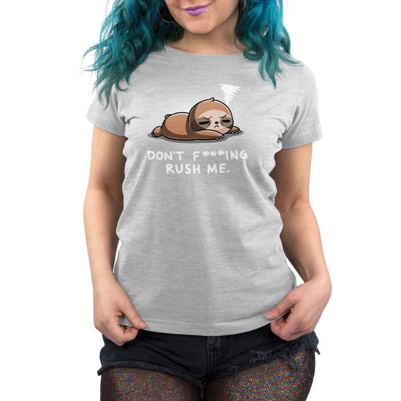 A woman with blue hair wearing a grey Don't F***ing Rush Me TeeTurtle shirt.