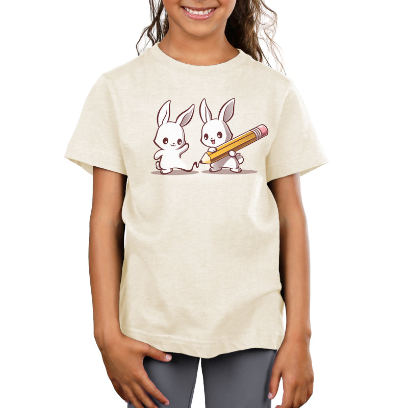 A girl wearing a Doodle Buddy t-shirt with two rabbits drawing, made by TeeTurtle.