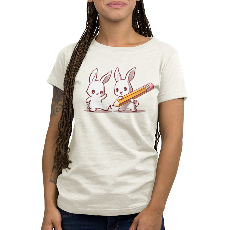 A women's natural heather t-shirt with two rabbits and a pencil, perfect for drawing to your heart's content with the TeeTurtle Doodle Buddy.