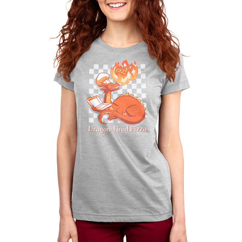 Premium Cotton T-shirt - A person wearing a grey apparel made of super soft ringspun cotton, featuring an illustration of a dragon cooking pizza with the text "Dragon-Fired Pizza" by monsterdigital.
