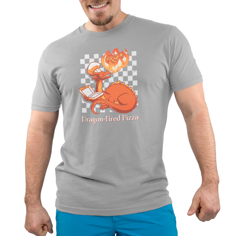 Premium Cotton T-shirt - Man wearing a gray apparel with a graphic of a dragon delivering a pizza on a motorbike, text reads "Dragon-Fired Pizza." Made from super soft ringspun cotton, this monsterdigital Dragon-Fired Pizza apparel is extra hot in style.
