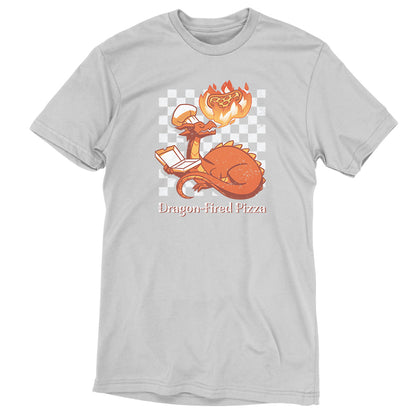 Premium Cotton T-shirt - A super soft ringspun cotton light gray apparel from monsterdigital featuring an illustration of a dragon making a pizza with flames. The text "Dragon-Fired Pizza" is printed below the image, promising an extra hot experience.