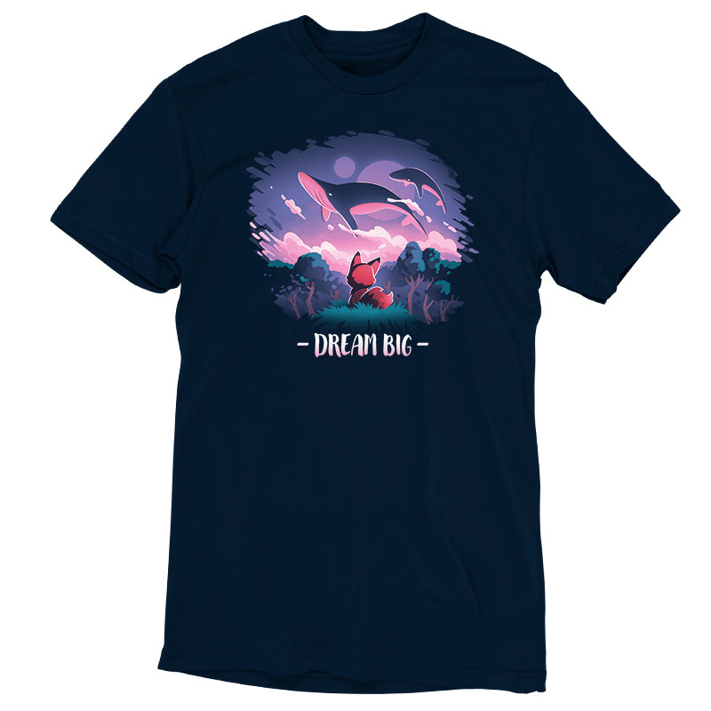 A navy blue Dream Big t-shirt featuring a dolphin in the ocean from TeeTurtle.
