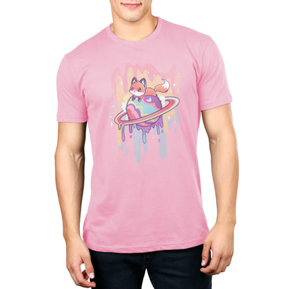 A man wearing a Drippy Dreamworld t-shirt with a cat on it in wonderland pastels. (Brand: TeeTurtle)