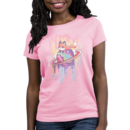 A Drippy Dreamworld TeeTurtle women's t-shirt featuring an image of a cat on a planet.