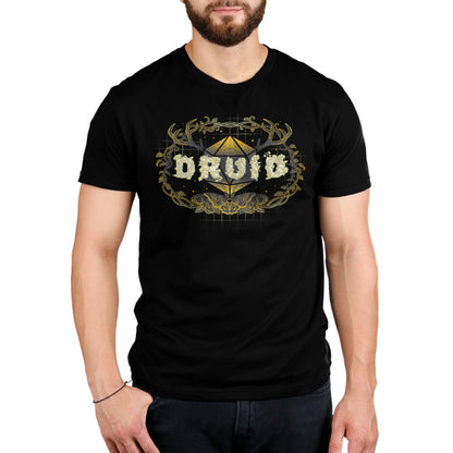 A man wearing a black t-shirt with the word Druid Class on it from TeeTurtle.